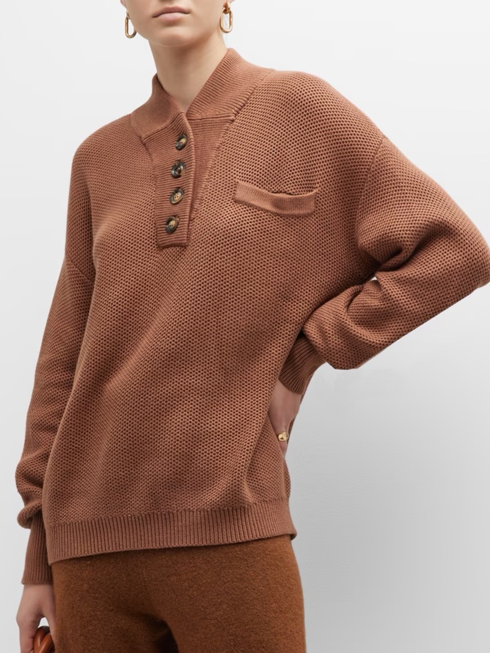 Lunya Cozy Cotton Silk Pocket Henley Humble Brown Waffle Knit Sweater L/XL